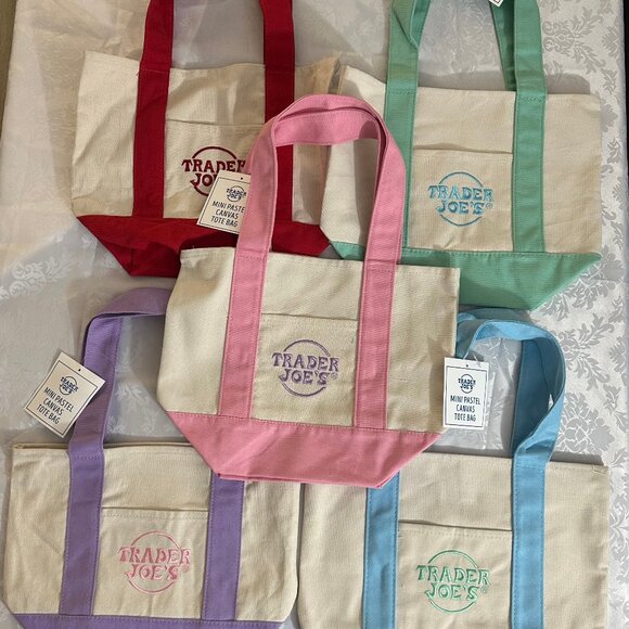 LIMITED EDITION  - Trader Joe's Mini Canvas Tote Bags  4 Pastel Colors Plus Red - Picture 1 of 1